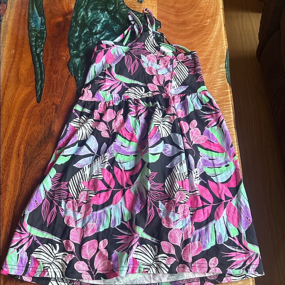 The Children's Place Black Dress with Pink and Purple Leaves